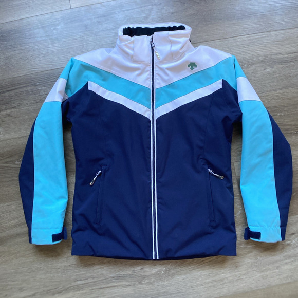 Descente Ski Jacket Girl Sz 10 Blue & White Stand Up Collar Pockets - Picture 1 of 15